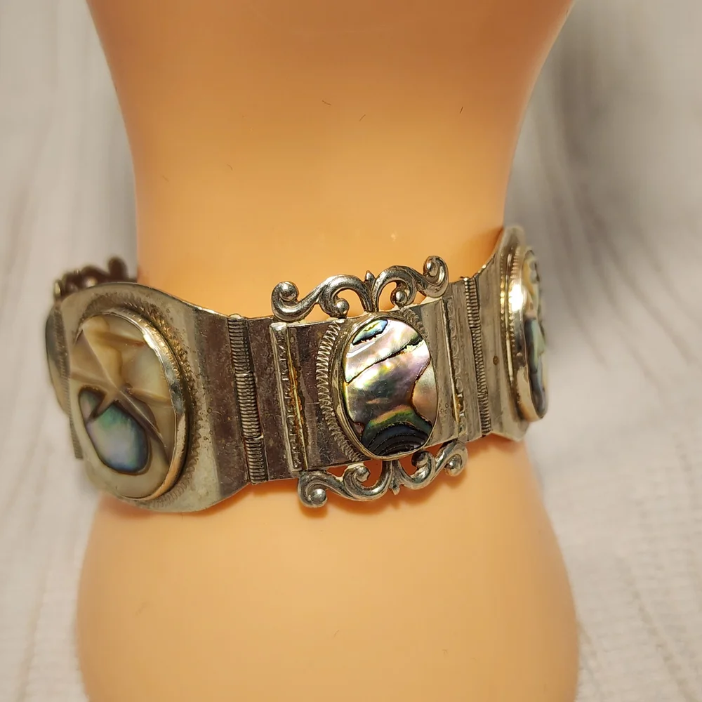 Vintage Taxco Sterling Silver 925 Abalone Panel Bracelet Mexico 7